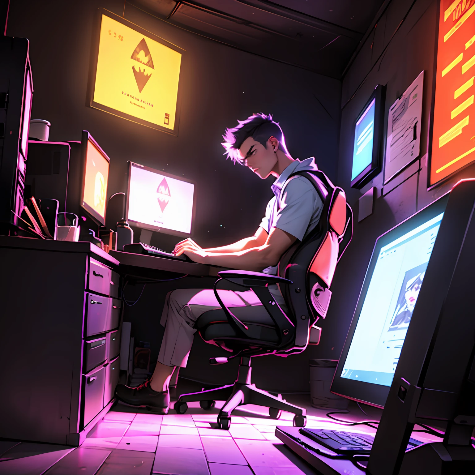 青少年, 男性, 生气的, 在电脑上玩, 暗室, 紫色霓虹灯, 词炒作框架. 非常详细, 高质量, 杰作, - 汽车