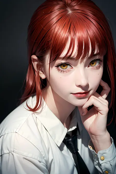 Masterpiece, Best Quality, Portrait, (Solo), Makima \ (Chainsaw Man \), (20yo, Mature Cool and Beautiful Face), Standing, (Redhead), (Bright Glowing Eyes: 1.4), (Golden Eyes: 1.3), Bangs, Medium, White Shirt, Tie, Staring, (Disgust, Smile), (Evil: 1.2), St...