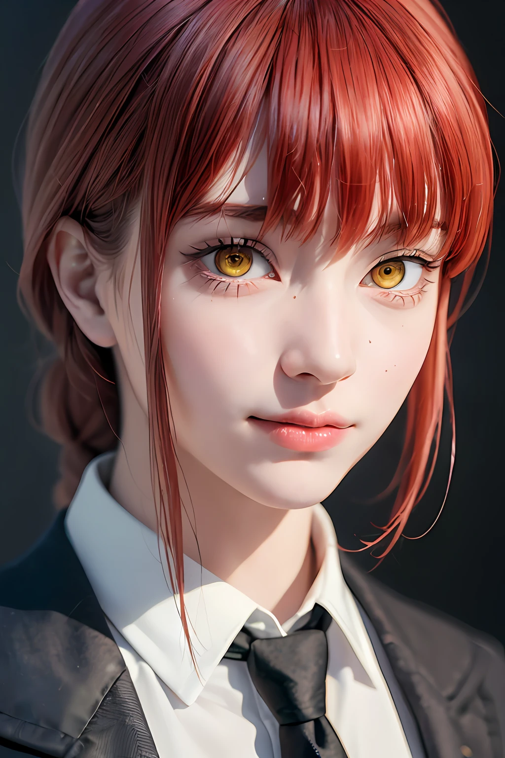 Masterpiece, Best Quality, Portrait, (Solo), Makima \ (Chainsaw Man \), (20yo, Mature Cool and Beautiful Face), Standing, (Redhead), (Bright Glowing Eyes: 1.4), (Golden Eyes: 1.3), Bangs, Medium, White Shirt, Tie, Staring, (Disgust, Smile), (Evil: 1.2), Staring at the Viewer, (Narrow Eyes), High Definition, (Staring at the Viewer: 1.15), dark background, background blur,