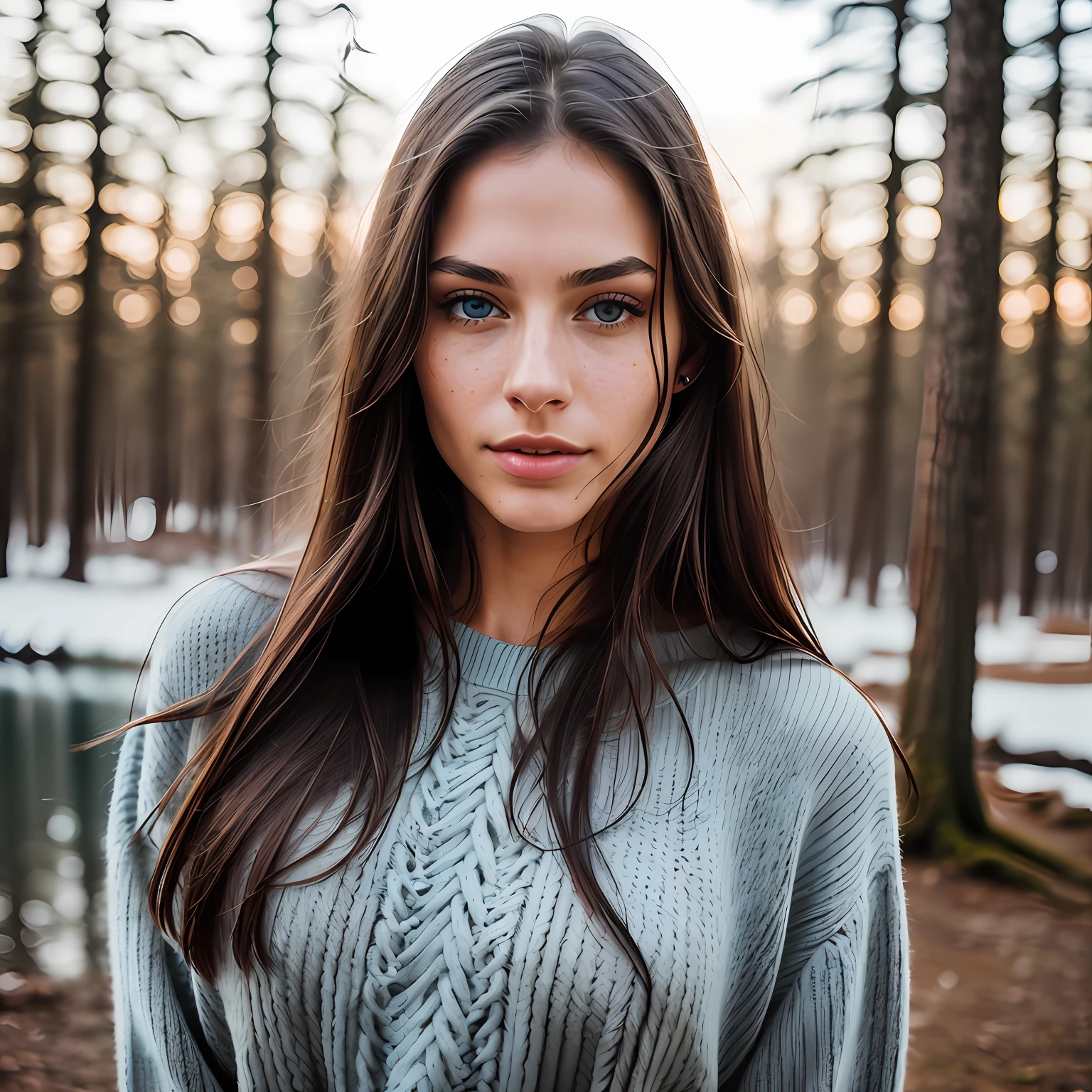 An impressive full-body color portrait of (woman: 1), (detailed face, complex details, pidona expression, , open brown eyes, sweet look, small, pink lips, light freckles on the face) wearing a delicate and romantic sweater, epic character composition, natural lighting, subsurface scattering, f2, 35mm, film grain --auto