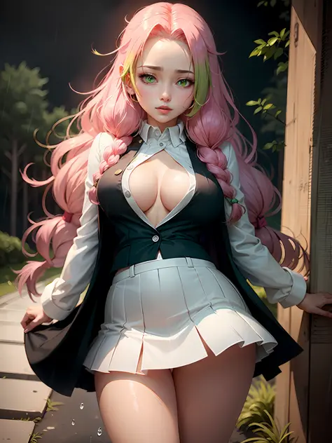 masterpiece, top quality, best quality, (sexual), 1girl, (upper body), (standing), Mitsuri, (gradient hair color), (long hair), seductive expression, sultry face, (love goddess), green eyes, (erotic),, cleavage, (demon slayer uniform), white jacket, (mini ...