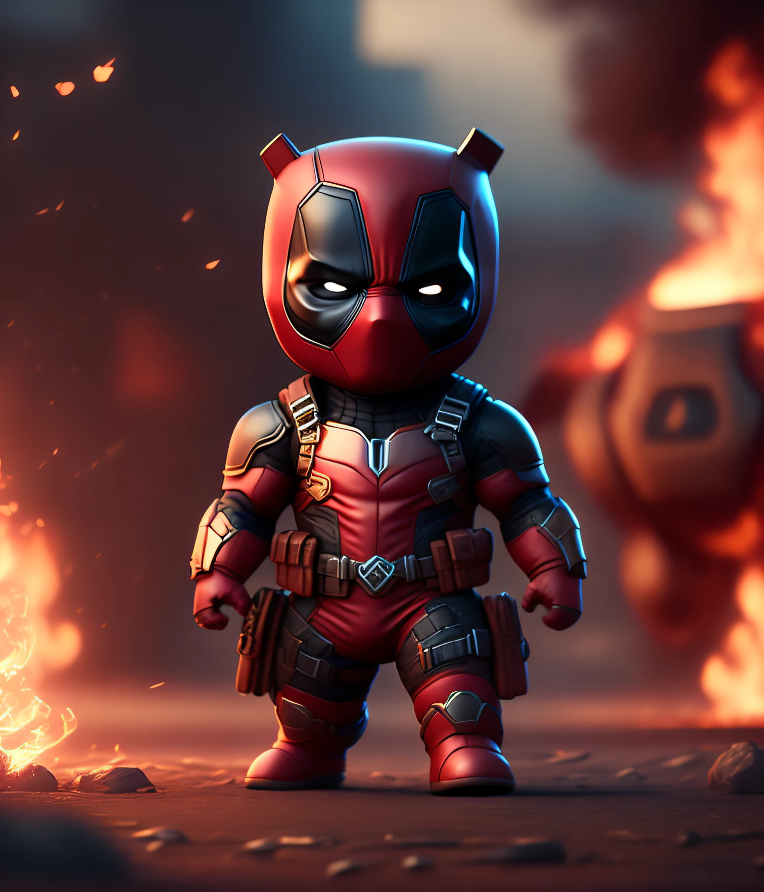 سينمائي shot of  realistic cute deadpool , محاطة بالنار, سلس, ملحمي, سينمائي, تفاصيل معقدة, الحائز على جائزة, إضاءة رائعة, تظليل, جودة عالية, مفصلة