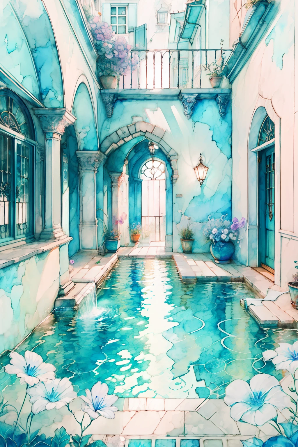 "Vibrant watercolor painting of a serene courtyard with a pool and colorful flowers."