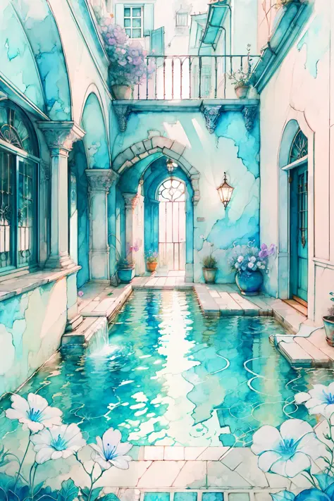 "vibrant watercolor painting of a serene courtyard with a pool and colorful flowers."