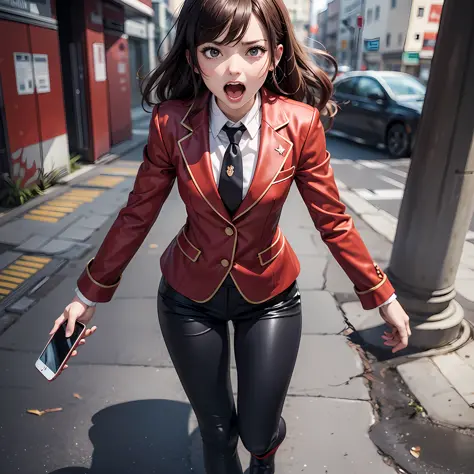 A closeup of a person, scared, screaming, afraid, in a red suit and tie, high school, holding a cell phone, cute anime pose, sin...