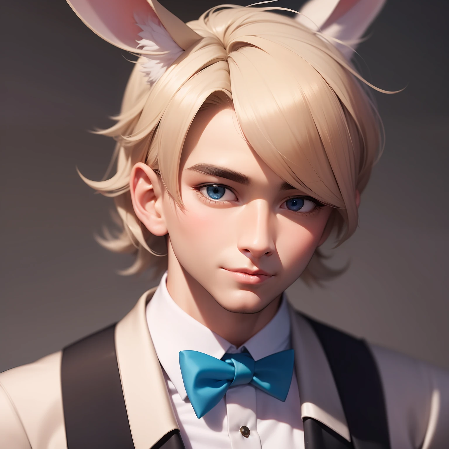 Draw a portrait of a male human who appears to be around 3 with an innocent look. He has cute rabbit ears and a fluffy rabbit tail. His expression is friendly and kind. He is wearing a white dress shirt paired with a stylish blue vest. His bow tie is also blue and matches the vest perfectly. His hair is a soft beige shade and is neatly styled, complementing his overall appearance. His eyes are a bright blue, conveying a gentle and curious gaze. Make sure to capture his captivating personality and the unique blend of human and rabbit features in his appearance.