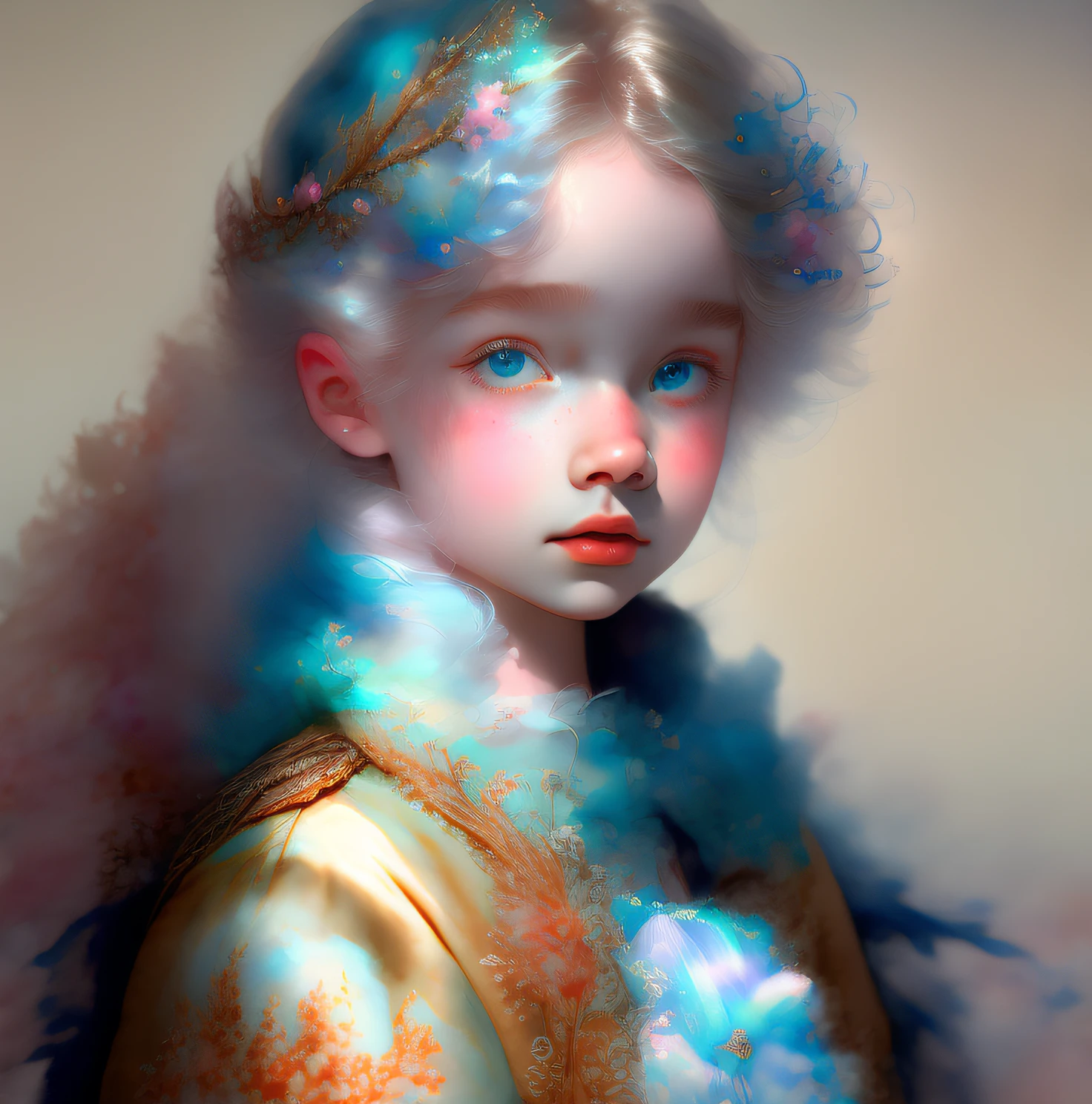 Princess girl with wing, Blue, Pastel, glitter, dramatic, dreamy, pastel, Watercolor, Whimsical, Delicate, seashell crown, Trending on Artstation, Highly detailed, Intricate, Portrait, digital painting, Fantasy theme, Fantasy robes, Fantasy concept art, Fantasy character art, Smug, Teenage girl, perfect body, full body, dreamy, pastel, Watercolor, Whimsical, Delicate, seashell crown, art by loish and lois van baarle, Trending on Artstation, Highly detailed, Intricate, Portrait, digital painting