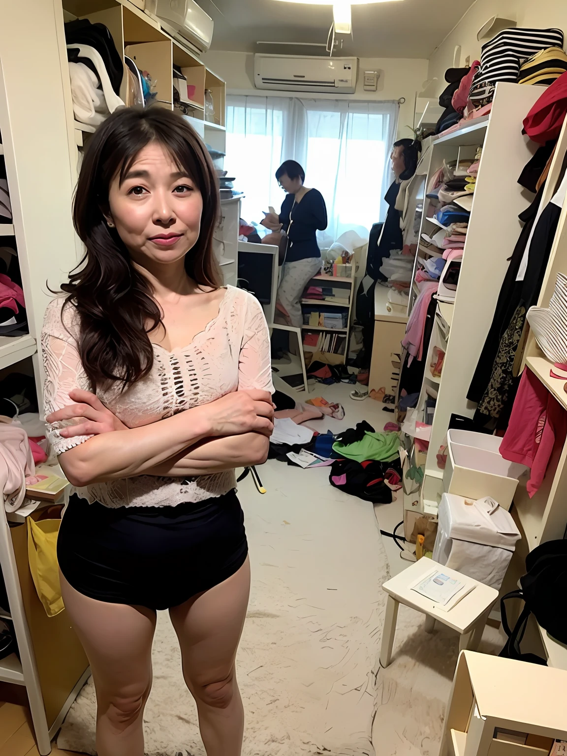 ((Best Quality, 8K, Masterpiece: 1.3)), Sharp Focus, High Quality, High Resolution, Portrait, Solo, Japan Person, Middle Aged Woman, Beauty, 48 Years Old, Plump, Wavy Hair, Camisole, Panties, Wrinkles at the corners of the eyes, Expressionless, Messy room, Messy floor, Extravagant, Unorganized room