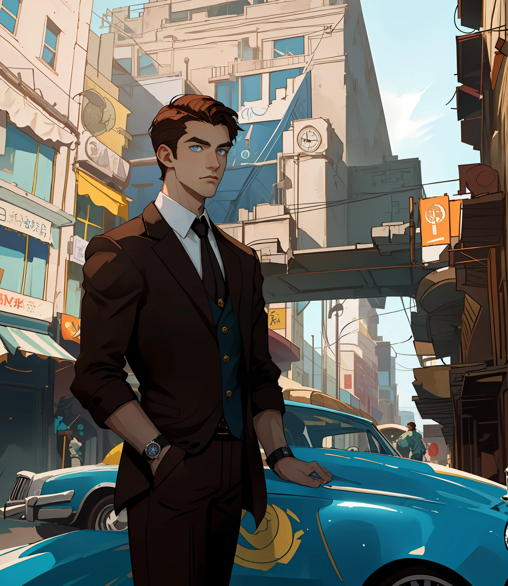 A young man, 20 years old, a Man, male Character, 1boy, slender, brown hair, blue eyes, looking at his watch, waiting, on a sunny day, city, metal steel building, pole, car in the distance, hdr: 1.25, intricate details: 1.14, filmic: 0.55
