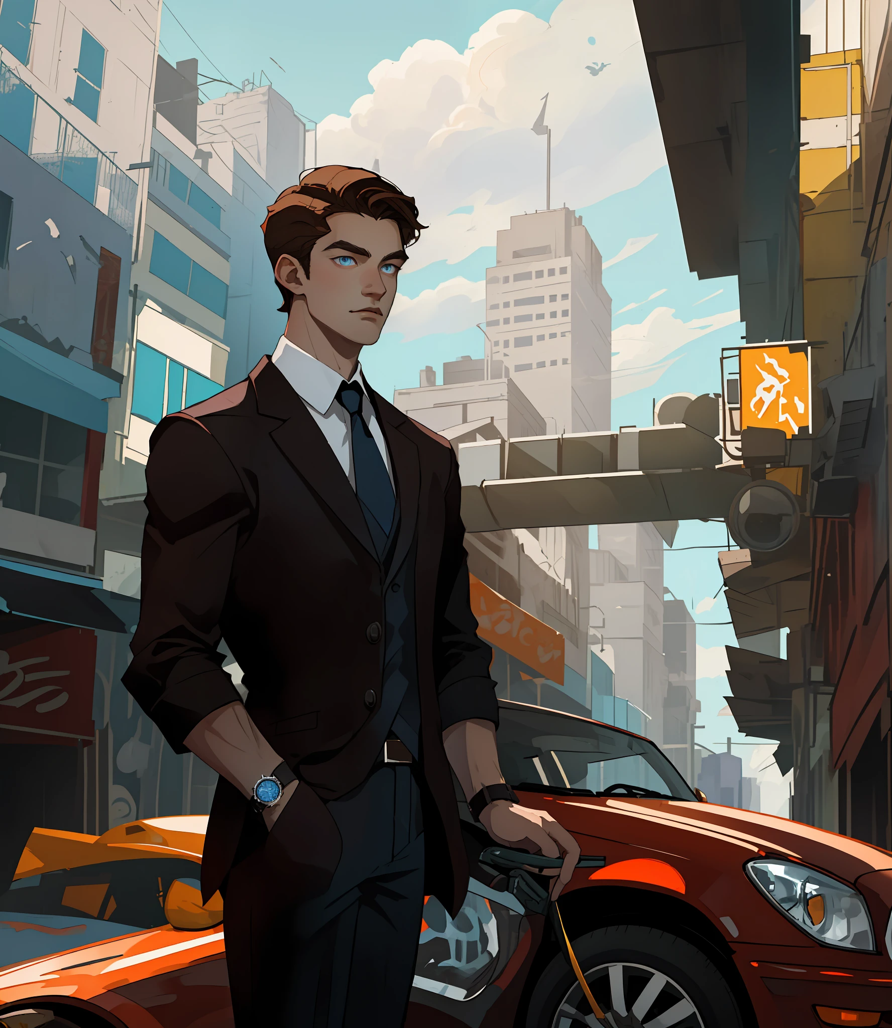 A young man, 20 years old, a Man, male Character, 1boy, slender, brown hair, blue eyes, looking at his watch, waiting, on a sunny day, city, metal steel building, pole, car in the distance, hdr: 1.25, intricate details: 1.14, filmic: 0.55