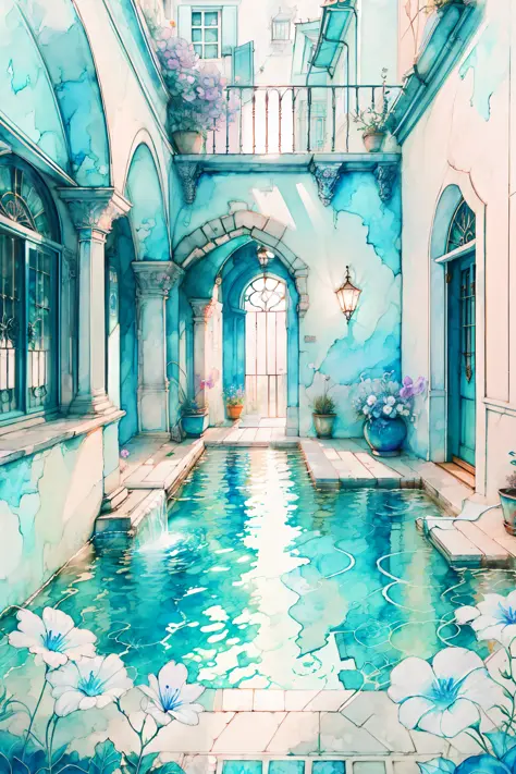 "vibrant watercolor painting of a serene courtyard with a pool and colorful flowers."