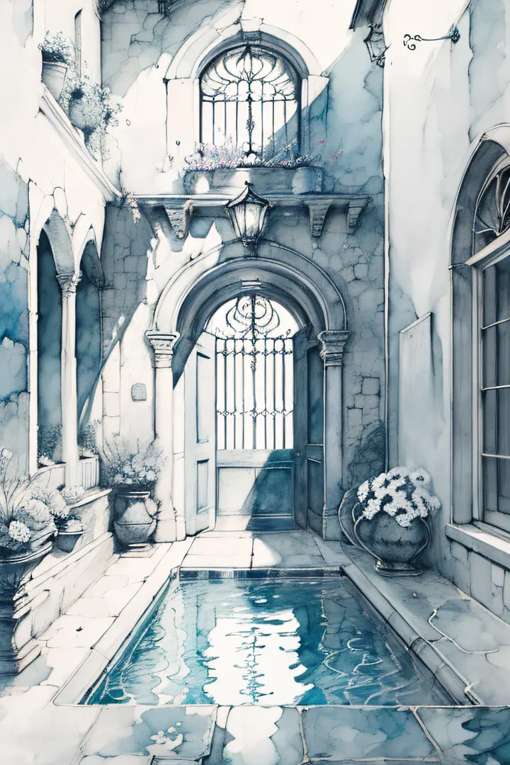 monochrome,watercolor \(medium\), greyscale, a courtyard with a pool and flowers