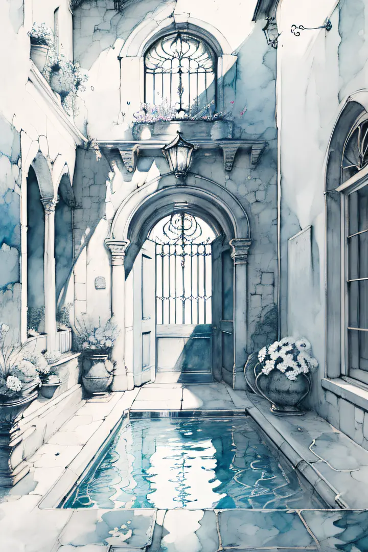 monochrome,watercolor \(medium\), greyscale, a courtyard with a pool and flowers