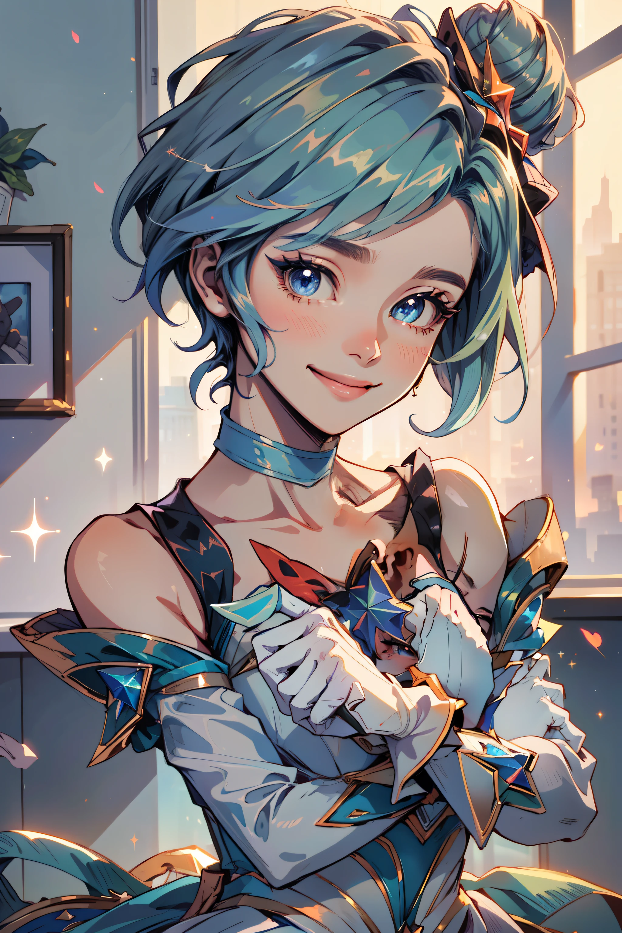 (Masterpiece:1.4), (best quality:1.2), star guardian orianna, blue hair, hair bun, ballerina, short dress, white gloves, smile, upper body, potrait