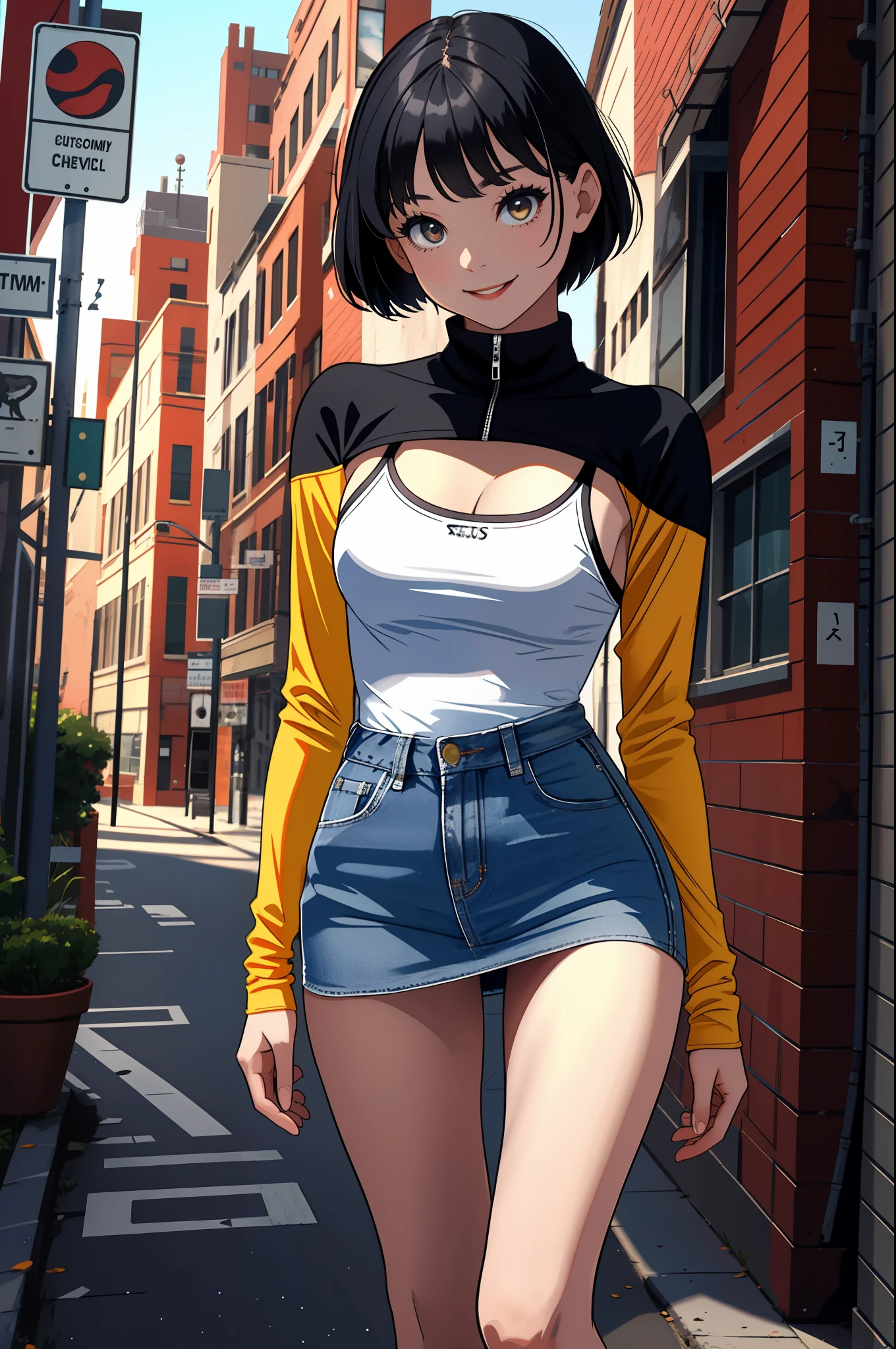 masterpiece, Top Quality, Absurdity, Perfect Anatomy, One Girl, Solo, Shrug \(clothing\), Long sleeve, Miniskirt, Standing, City, Outdoors, Cowboy shot, Smile, Black hair