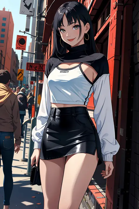 masterpiece, top quality, absurdity, perfect anatomy, one girl, solo, shrug \(clothing\), long sleeve, miniskirt, standing, city...