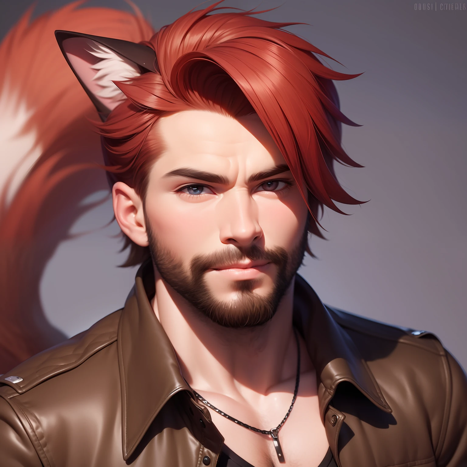 Create an image of a man who appears to be around 3. He has fiery red hair and caramel-colored eyes. He has a light stubble beard and possesses fox-like features, including a bushy tail and pointy ears. He has a punk-inspired fashion sense and wears worn-out clothes, giving him a serious appearance. Capture his edgy style and the mix of human and fox characteristics in his overall look.