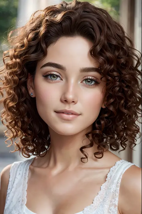 there is a brunette woman with her curly hair, brown eyes, highly realistic digital art, very realistic digital art, beautiful d...