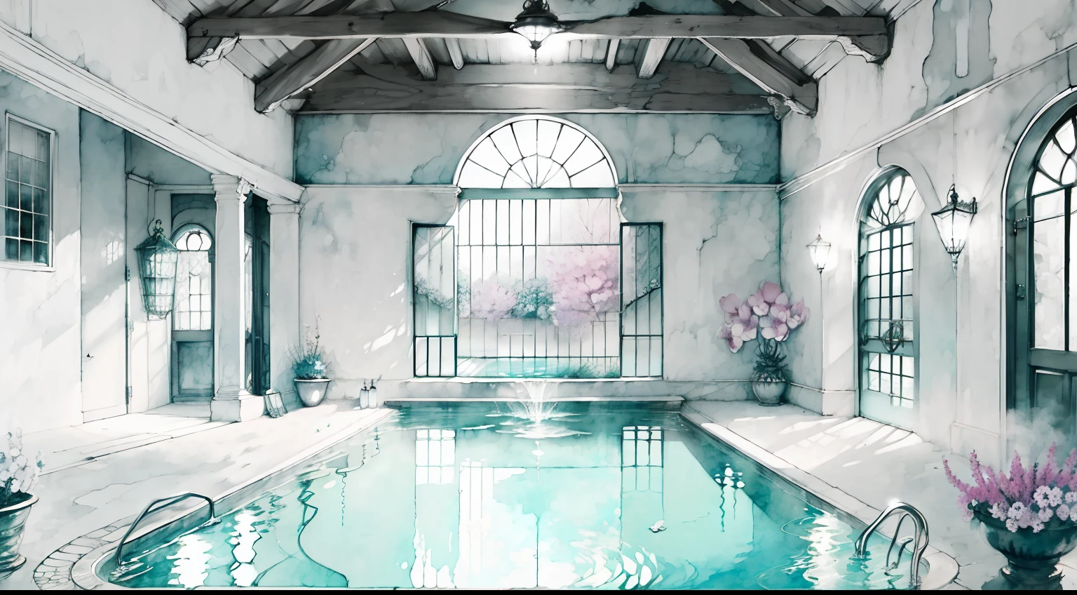 (monochrome watercolor:1.2，greyscale:0.9) A peaceful courtyard bathed in soft colors, featuring a serene pool surrounded by vibrant blooming flowers.