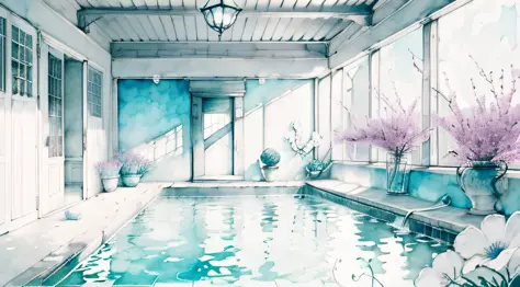 (monochrome watercolor:1.2，greyscale:0.9) a peaceful courtyard bathed in soft colors, featuring a serene pool surrounded by vibr...