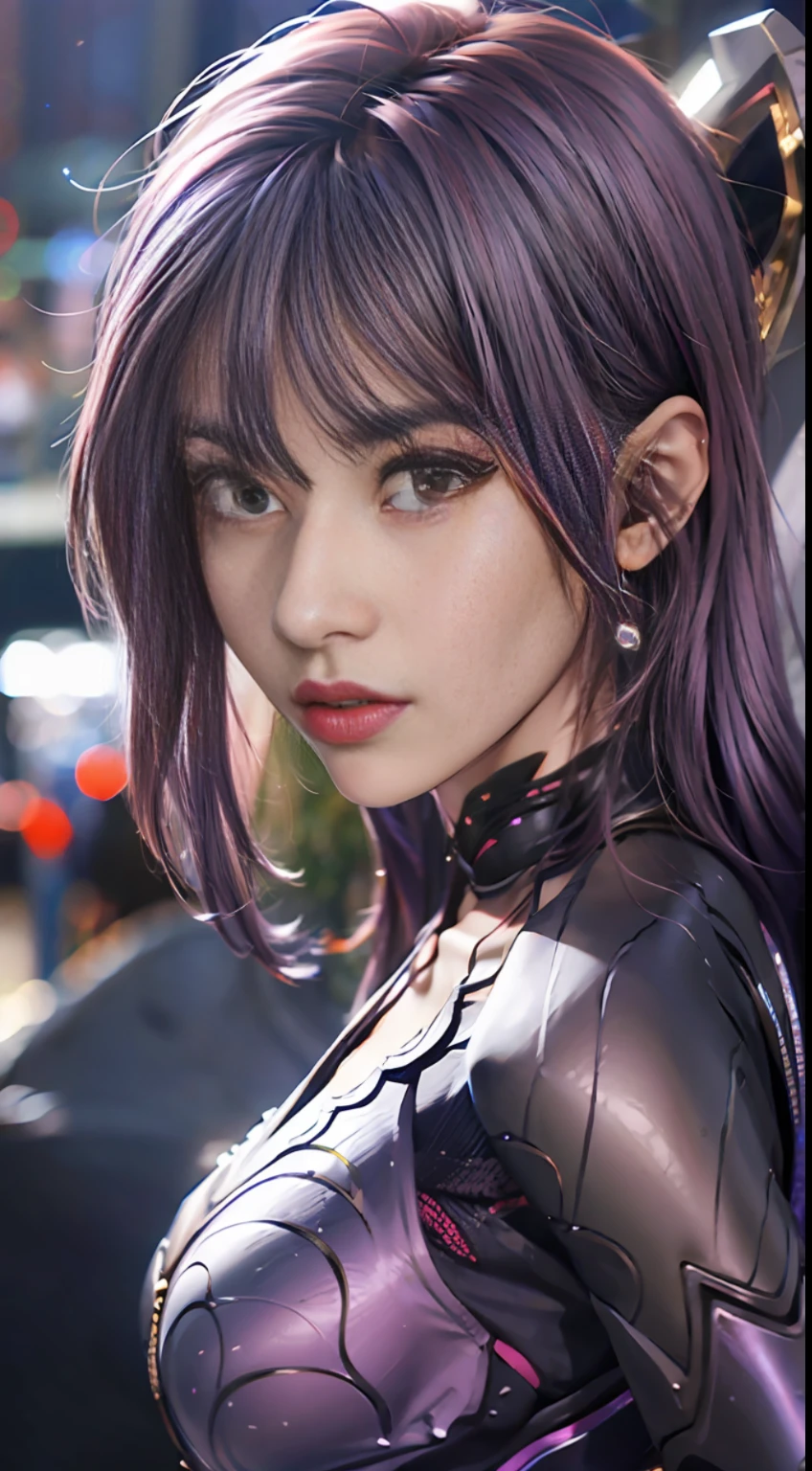 1girl, kai'sa, league of legends, kasa, purple wings, deep purple hair, purple eyes, serious expression, intense glare, looking at the audience, from the side, (dynamic pose), (void wings), weapons, masterpiece, extremely detailed CG Unity 8k wallpaper, best quality, 32k, focus clear, cybercity, neon, aperture, void field