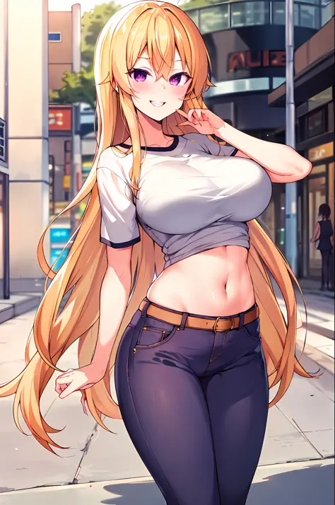 masterpiece, best quality, highres, nakiri erina, blonde hair, purple eyes, long hair, large breasts, oversized cool t shirt, st...