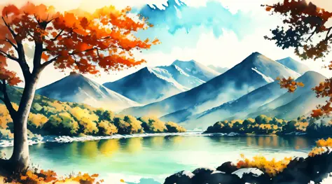 white background, landscape, paint, mountains, water, trees, orange and green watercolor style