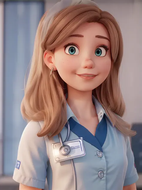 (young woman nurse: light brown hair, gentle blue eyes, flawless white uniform, looking at the camera, in a calm hospital settin...