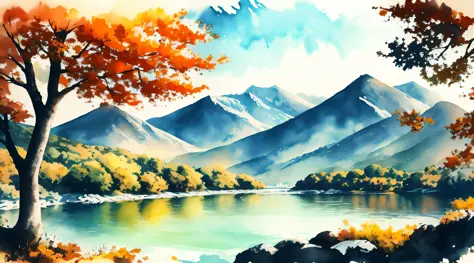 white background, landscape, paint, mountains, water, trees, orange and green watercolor style