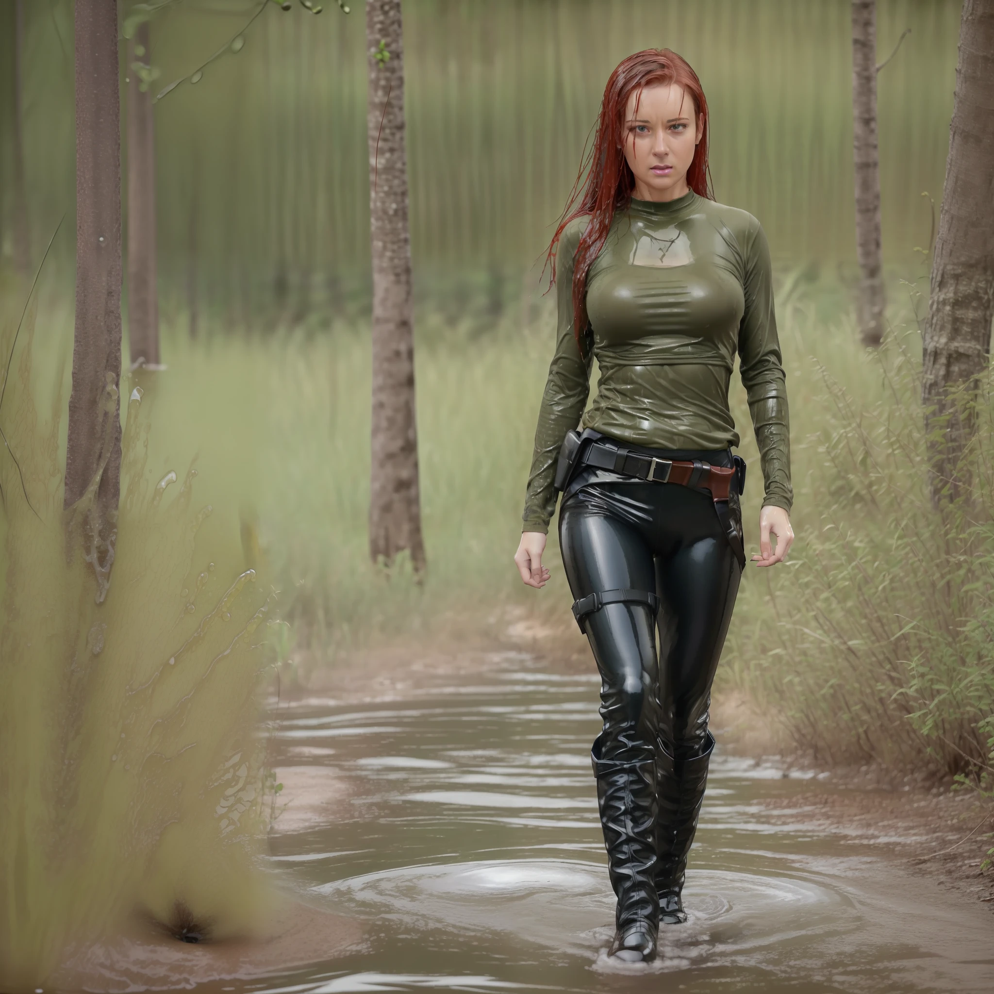 thoroughly drenched beautiful sultry red head woman ((35yr old)), ((35year old woman)), ((athletic)), in forest, armed, ((holster)), ((dynamic poses)), wearing (wet black spandex leggings), ((knee length boots)), (secret agent), (army girl), (clinging sheer cotton long-sleeved t-shirt), thoroughly drenched, very wet, ((soakingwetclothes)), ((slippery)), slick, sticky, swamp, clinging to chestline, wet hair, wet chest, wet body, wet face, (nobra), (no bra), cold, carnal, ((Same character)), (full body), (((multiple views of the same character))), wide shot, atmospheric perspective, masterpiece, best quality,