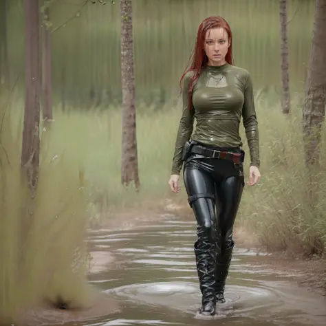 thoroughly drenched beautiful sultry red head woman ((35yr old)), ((35year old woman)), ((athletic)), in forest, armed, ((holste...