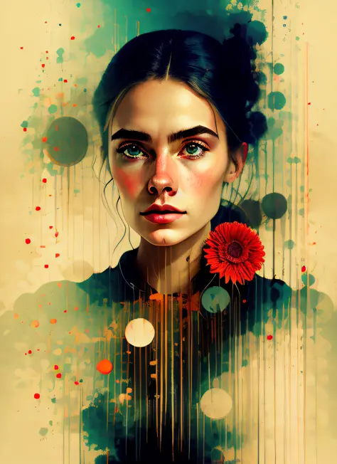Charlie Bowater realistic Lithography sketch portrait of a woman, flowers, [gears], pipes, dieselpunk, multi-colored ribbons, ol...