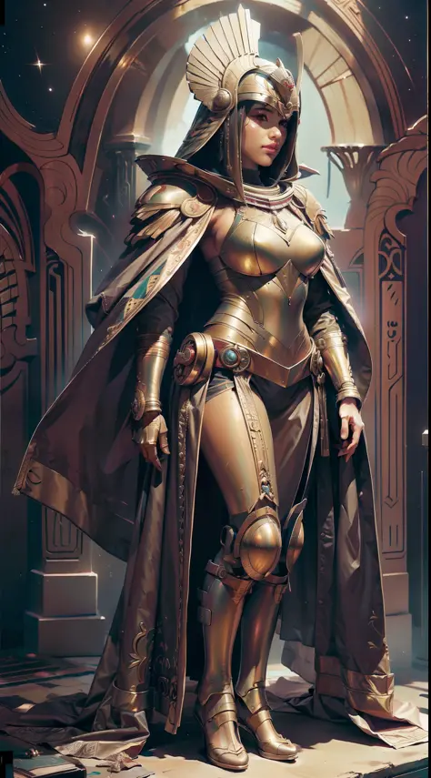 1girl, mature, horus, real makeup, futuristic egypt, bird head helmet, cloak, shiny armor, full body
  ground, dark space, dim l...