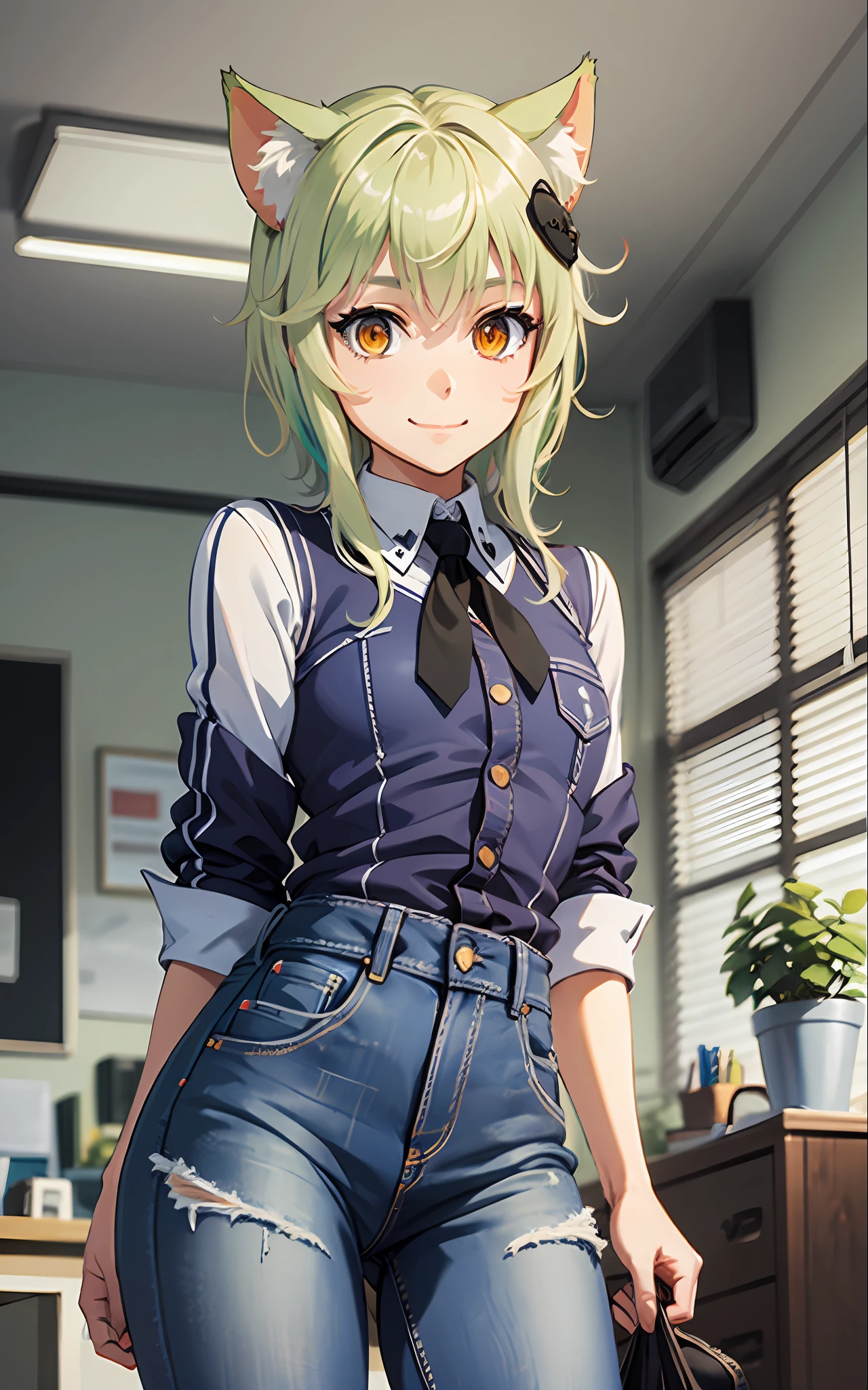 Best Quality, (Masterpiece:1.2), High Detailed, Standing, School, Indoor, Cat Ears, 1Guy, Solo, Tojo Koneko, Looking at the Viewer, Closed Mouth, Light Smile, Top, Yellow Eyes, Green Hair, Short Hair, Hair Decoration, School Uniform, Striped Shirt, Blue Jeans, Black Neckband, Erotica