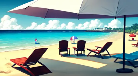 beach scene with umbrellas and chairs, sea  and sand