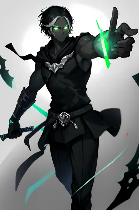 Male drow, dark skin, black hair, short hair, killer, black outfit, holding luminous green knife, muscular