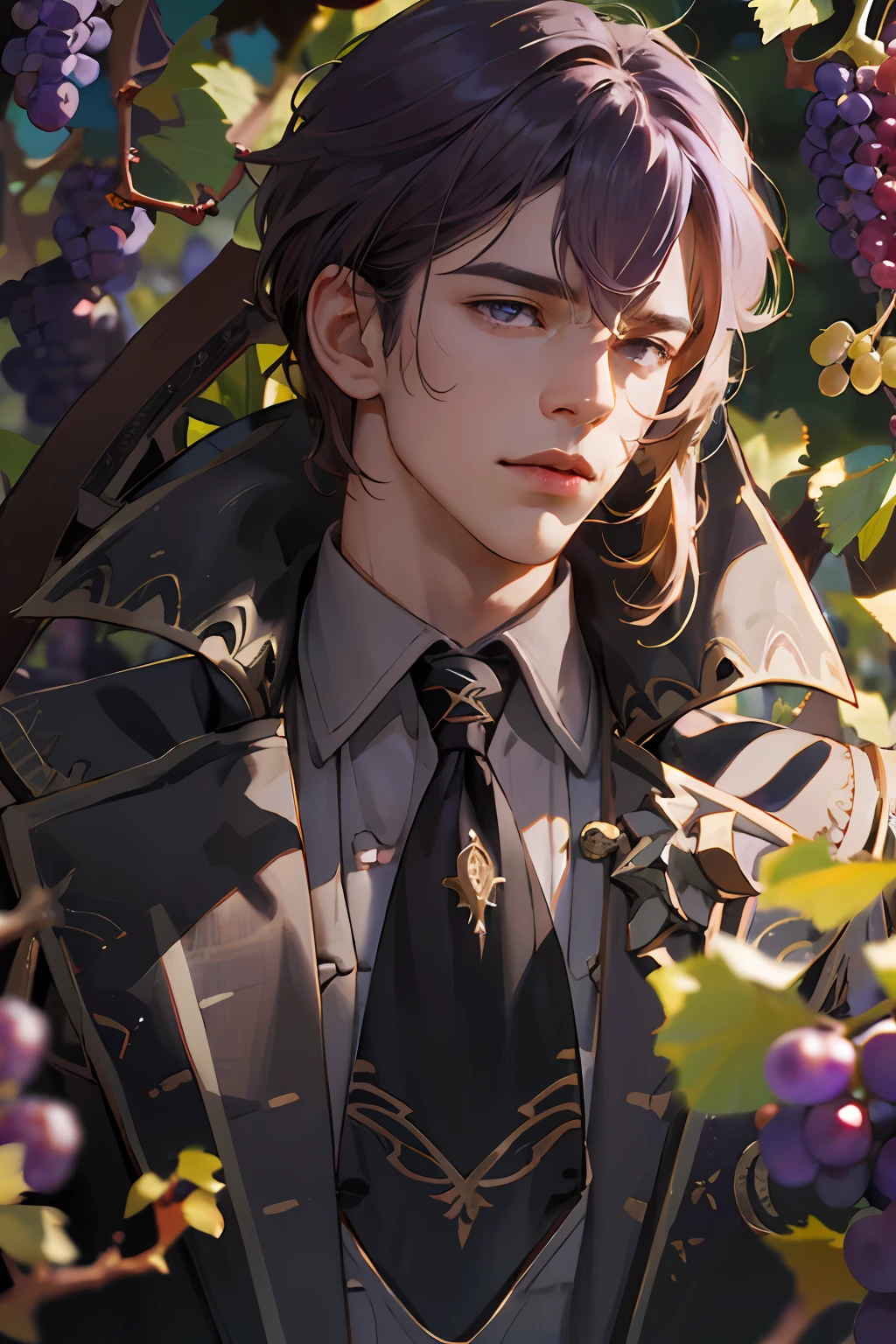 extremely delicate and beautiful, Amazing, finely detail, masterpiece, ultra-detailed, highres,best illustration, best shadow,intricate,sharp focus,  high quality, 1 male solo, ((mature, aged up)) handsome, tall muscular guy, broad shoulders, dark purple hair. diluc genshin impact, brown coat with fur on the bottom, dark gloves, black tie, light shirt, (((grape vines))) grapes on background and foreground, grape berries, standing outside in a garden, sunny day, grape growing everywhere, (((portrait closeup)))