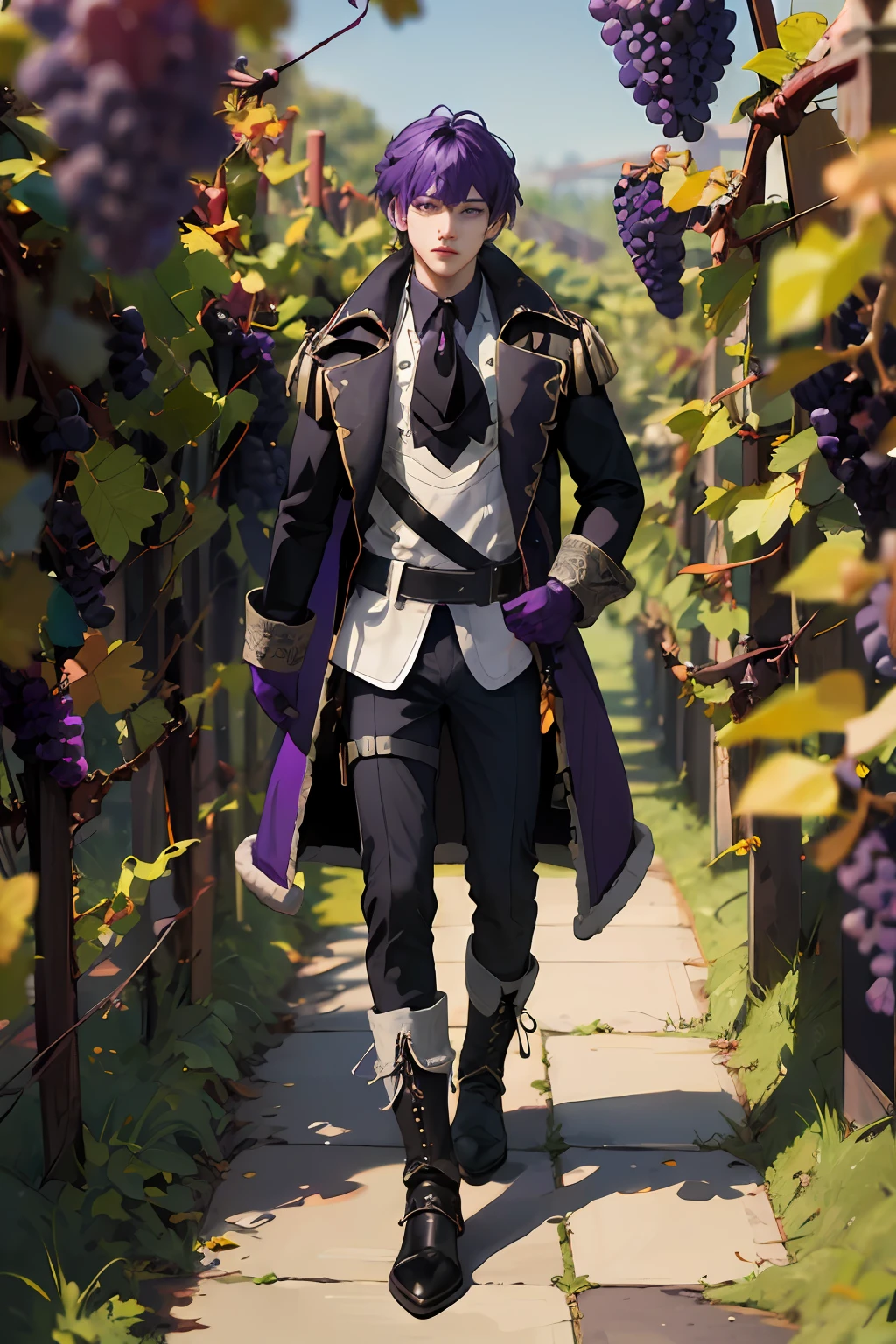 extremely delicate and beautiful, Amazing, finely detail, masterpiece, ultra-detailed, highres,best illustration, best shadow,intricate,sharp focus,  high quality, 1 male solo, ((mature)) handsome, tall muscular guy, broad shoulders, (((dark purple hair))) diluc genshin impact, dark purple coat with fur on the bottom, dark purple gloves, black tie, light shirt, dark pants, big boots, (((grape vines))) grapes on background and foreground, grape berries, standing outside in a garden, sunny day, grape growing everywhere