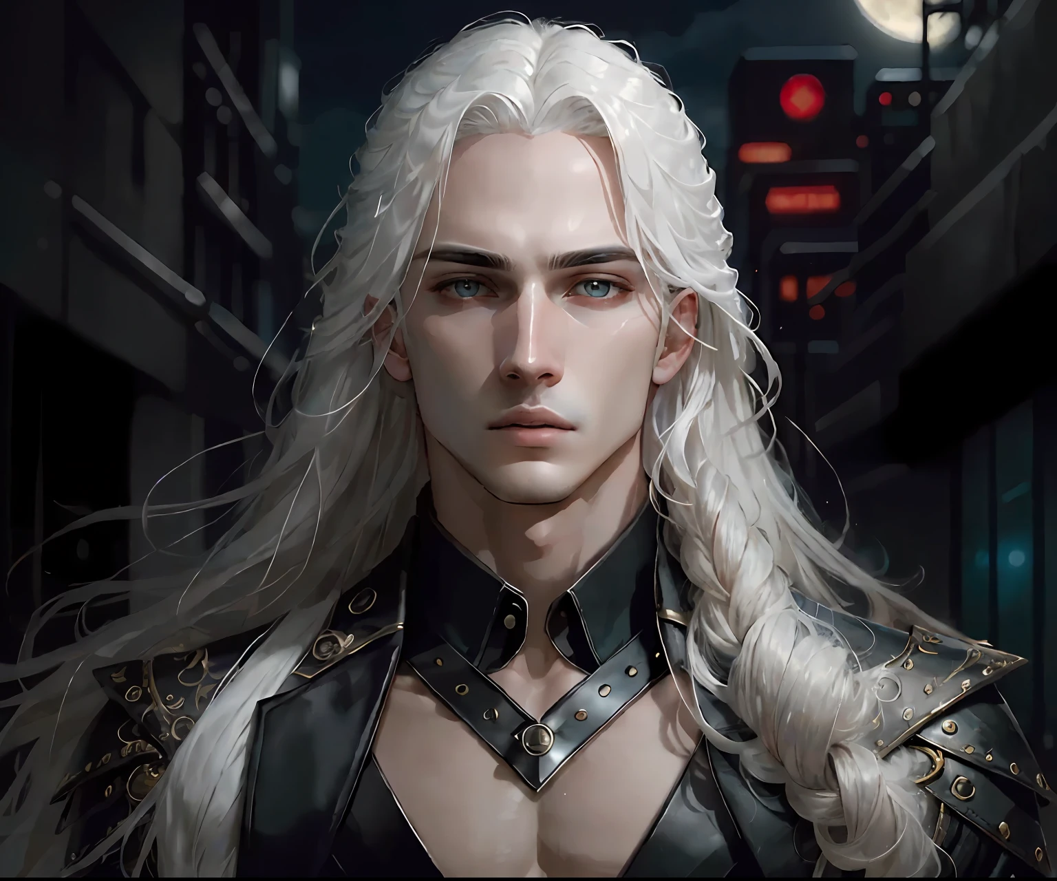 masterpiece, highest quality, (solo focus), (perfect face:1.1), (high detail:1.1),dramatic, 1guy, (pale skin), long white hair, white eyes, [light eyebrows], solo, long hair, moon, night, white luxury suit, covered navel, pouty lips, covered, futuristic city, detailed background, art by artgerm and greg rutkowski,  cinematic lighting, roses, fashion, BalenciagaStyle, Alexander McQueen