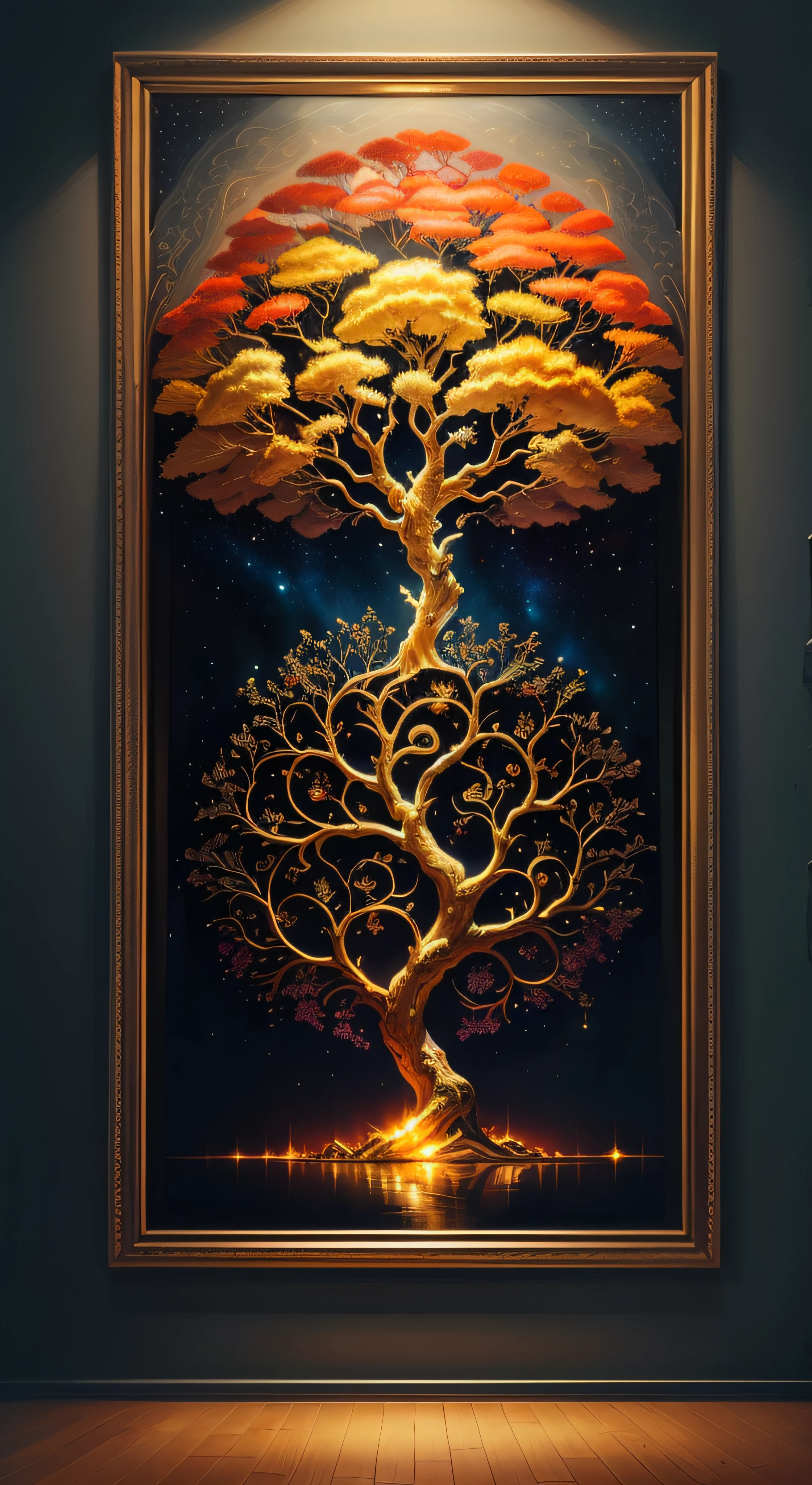 painting of a tree with a golden crown in a room, golden sacred tree, cosmic tree of life, cosmic tree, fantasy tree, beautiful painting from a high, tree of life, the tree of life, beautiful uhd art 4 k, detailed painting 4 k, 4 k highly detailed art, magic tree, magic tree, impressive artwork,  breathtaking masterpiece of art, without mold