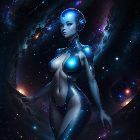 ((masterpiece))), exceptional quality, ultra-realistic details, SEXY pose, perfect female alien body, blue skin, cosmic mystery, stellar background., SEXY, TRANSPARENT CLOTHING, THREE BREASTS --auto