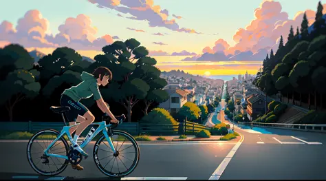 (bike: 1.5), (realistic bike: 1.5), (realistic cyclist: 1.5), back cyclist, close-up shot, california, san francisco, sunset, sh...
