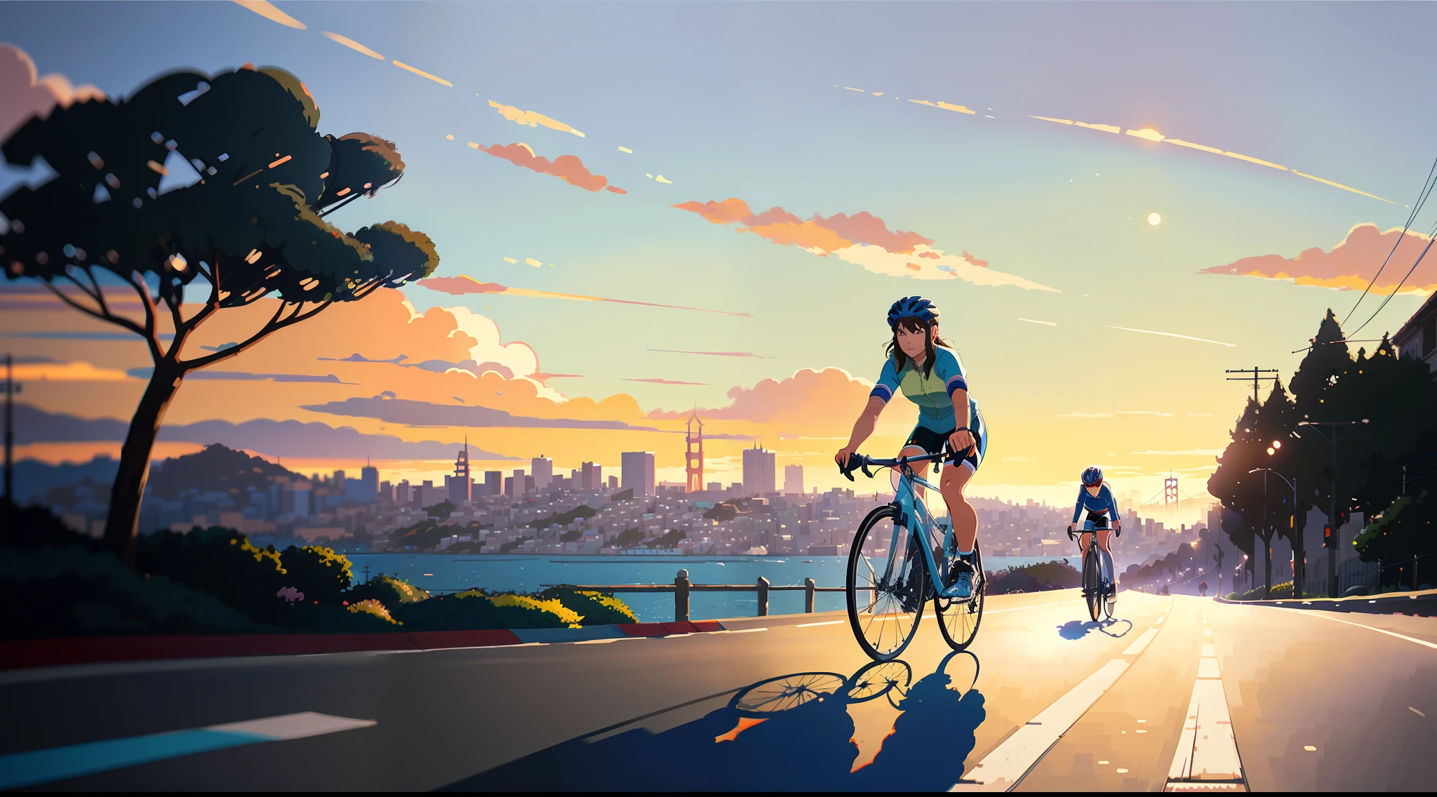 (bike: 1.5), (realistic bike: 1.5), (realistic cyclist: 1.5), back cyclist, close-up shot, california, san francisco, sunset, shadows, contrast, makoto shinkai, (best quality:1.3), (Highres:1), Art by Studio Ghibli Style, Impressionism, Vibrant colors