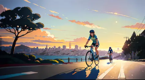 (bike: 1.5), (realistic bike: 1.5), (realistic cyclist: 1.5), back cyclist, close-up shot, california, san francisco, sunset, sh...