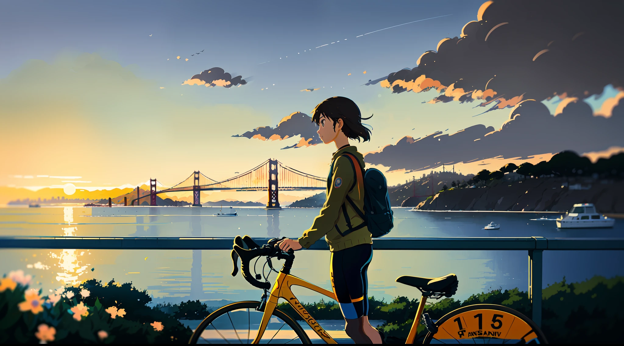 (bike: 1.5), (realistic bike: 1.5), (realistic cyclist: 1.5), back cyclist, close-up shot, california, san francisco, golden gate, sunset, shadows, contrast, makoto shinkai, (best quality:1.3), (Highres:1), Art by Studio Ghibli Style, Impressionism, Vibrant colors