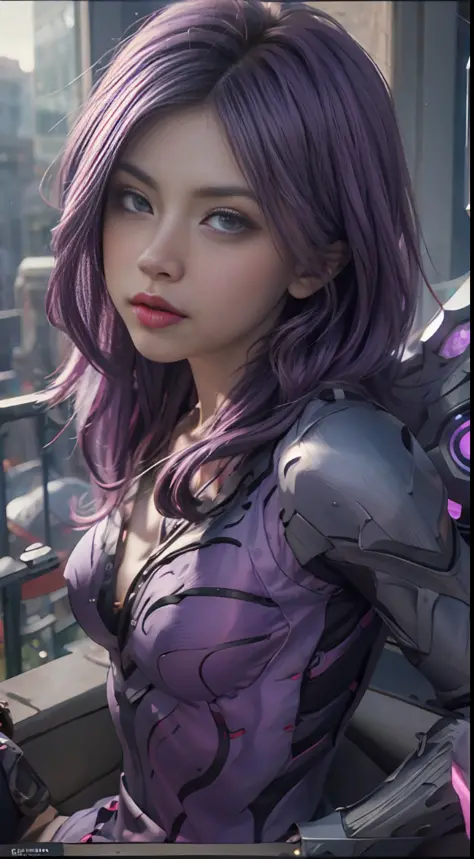 1girl, kai'sa, league of legends, kasa, purple wings, deep purple hair, purple eyes, serious expression, intense glare, looking ...