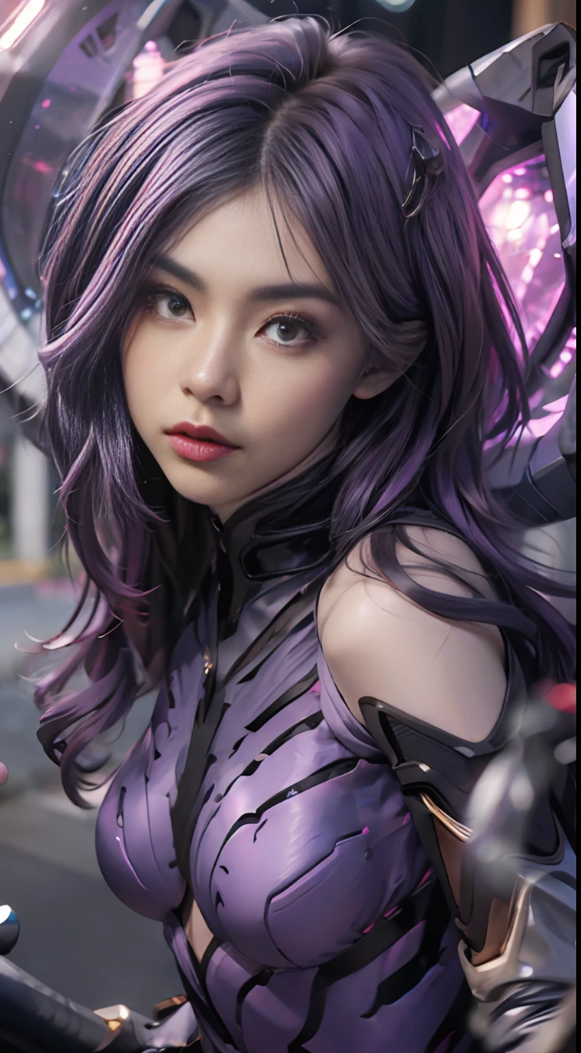 1girl, kai'sa, league of legends, kasa, purple wings, deep purple hair, purple eyes, serious expression, intense glare, looking at the audience, from the side, (dynamic pose), (void wings), weapons, masterpiece, extremely detailed CG Unity 8k wallpaper, best quality, 32k, focus clear, cybercity, neon, aperture, void field