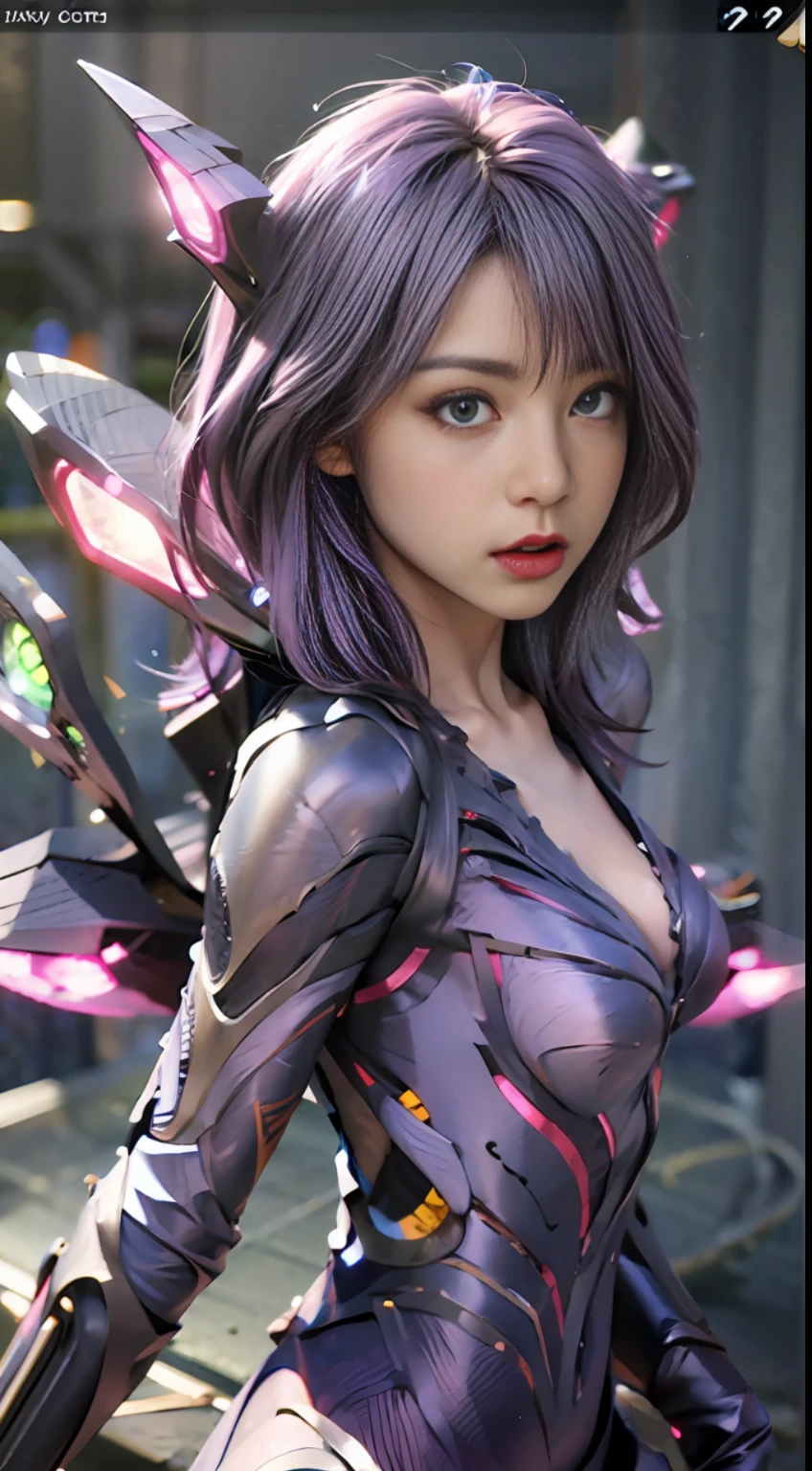 1girl, kai'sa, league of legends, kasa, purple wings, deep purple hair, purple eyes, serious expression, intense glare, looking at the audience, from the side, (dynamic pose), (void wings), weapons, masterpiece, extremely detailed CG Unity 8k wallpaper, best quality, 32k, focus clear, cybercity, neon, aperture, void field