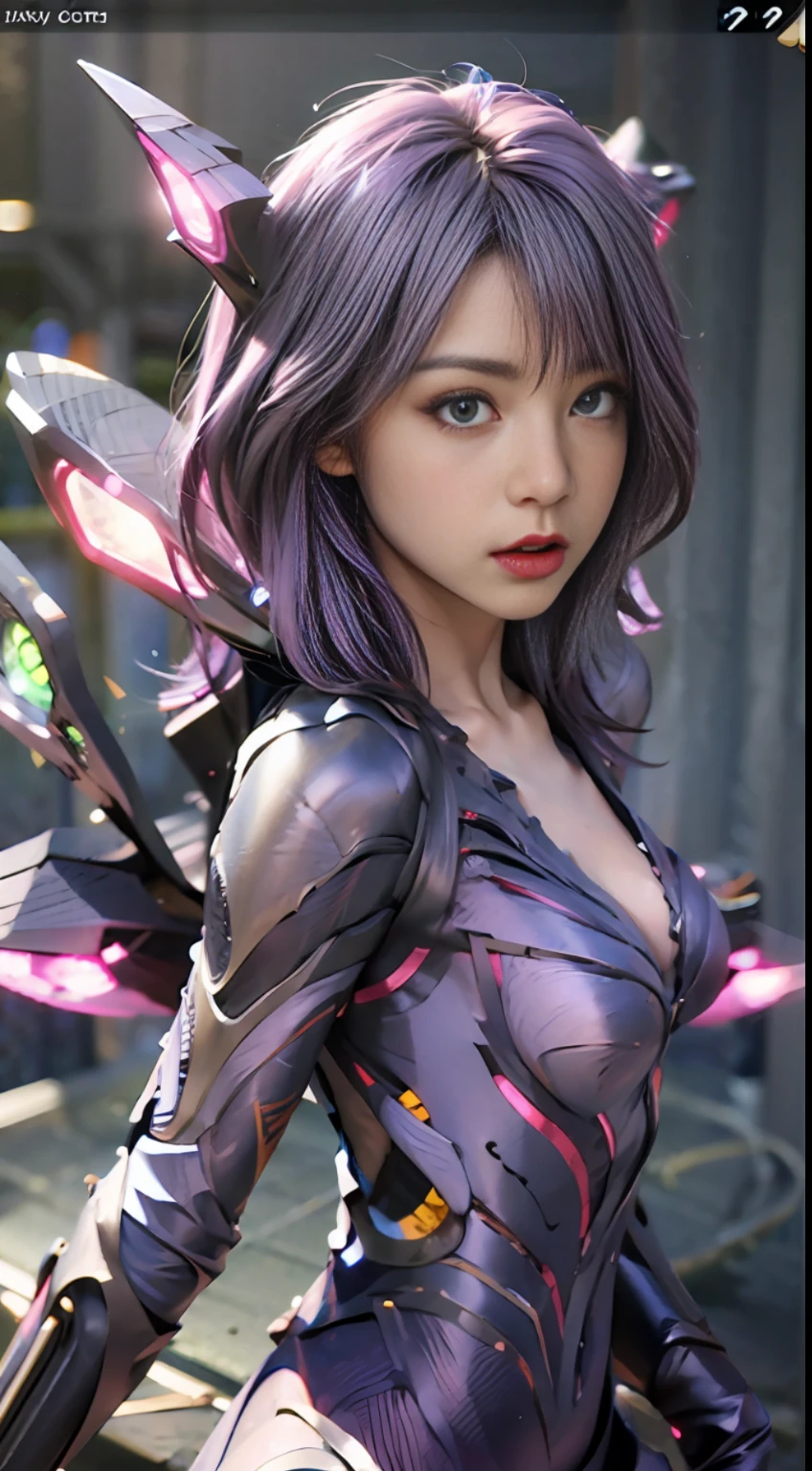 1fille, Kai&#39;sa, League of Legends, échouer, ailes violettes, cheveux violet foncé, yeux violets, Expression sérieuse, éblouissement intense, En regardant le public, Du côté, (pose dynamique), (ailes vides), armes, chef-d&#39;œuvre, fond d&#39;écran CG Unity 8k extrêmement détaillé, Meilleure qualité, 32k, Mise au point claire, CyberCité, néon, OUVERTURE, champ vide