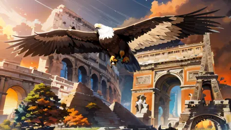 araffe flying over a city with a tower and a building, rome backdrop, monumental structures, an eagle flying, photo shot, all ro...